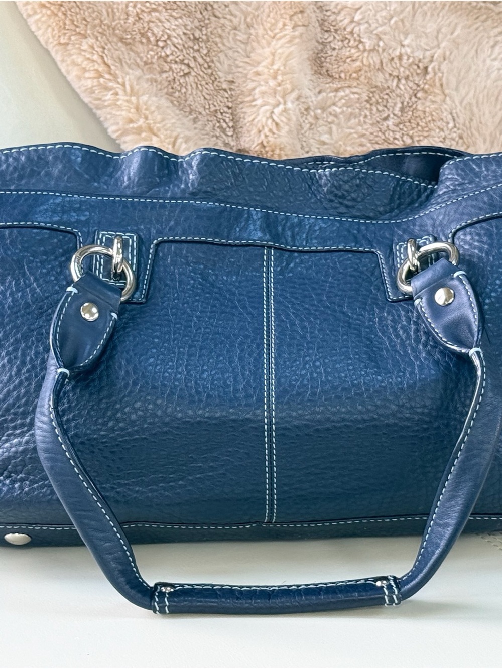 Coach Navy Blue Pebbled Leather Satchel with Contrast Stitching
